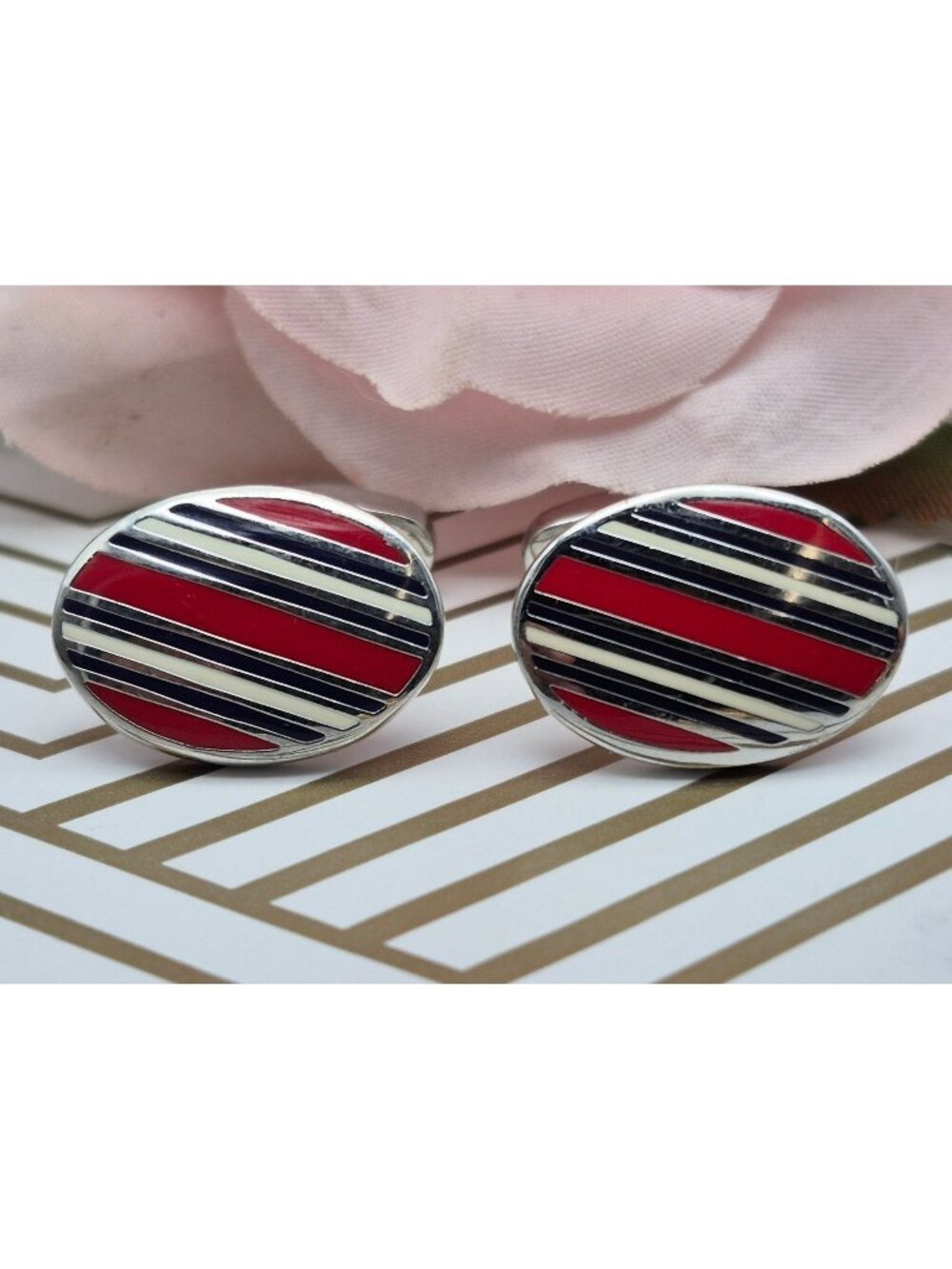 Jos A. Bank Mens Silver Tone Cufflinks Striped Red & Black Oval Design